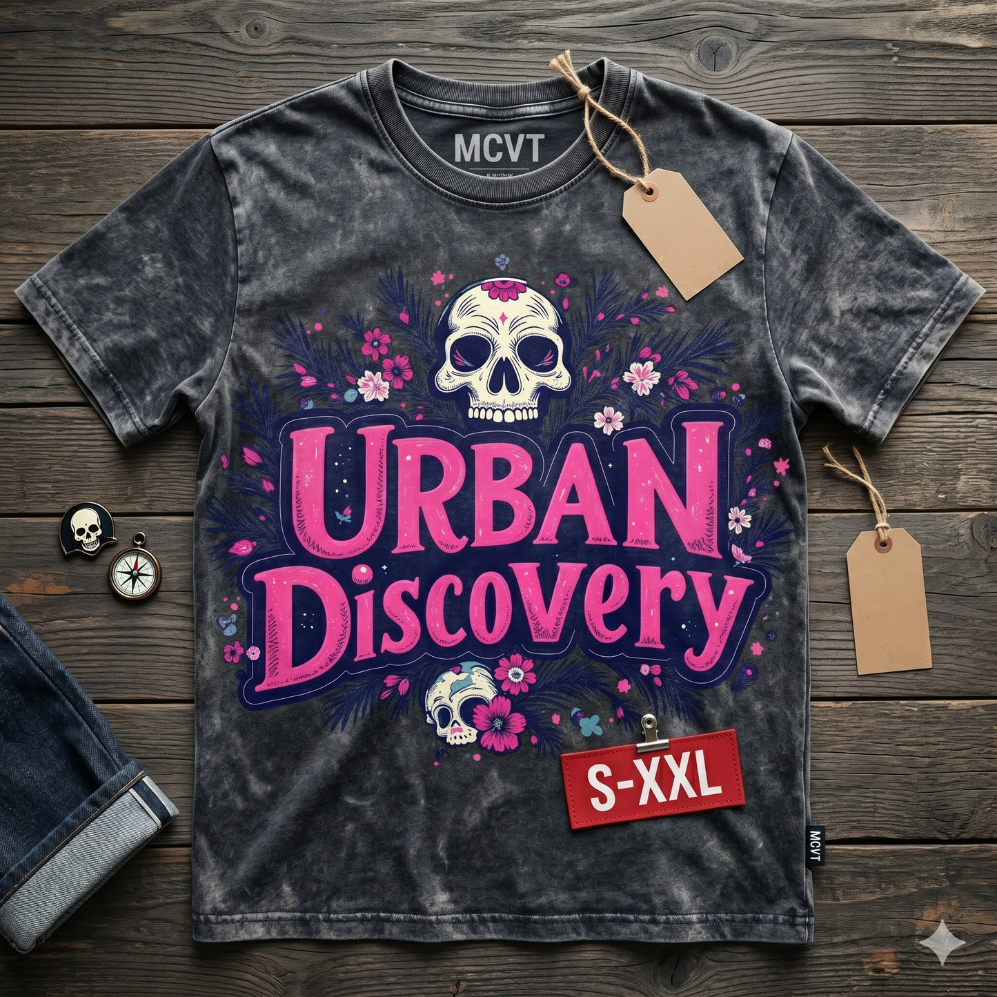 URBAN DISCOVERY Jumbo Print Acid Washed Vintage 90s Style Heavyweight T-Shirt