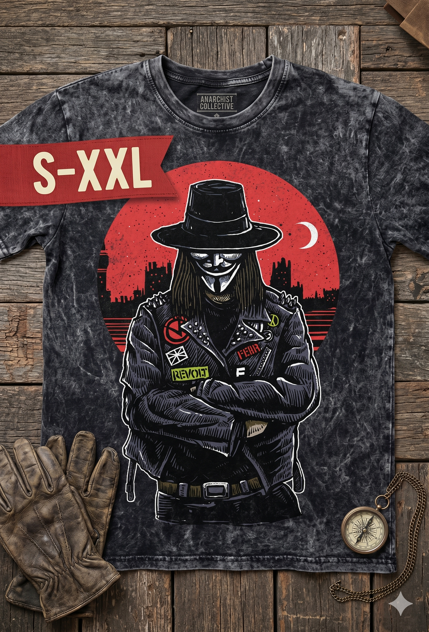 V FOR VENDETTA Jumbo Print Acid Washed Vintage 90s Style Heavyweight T-Shirt