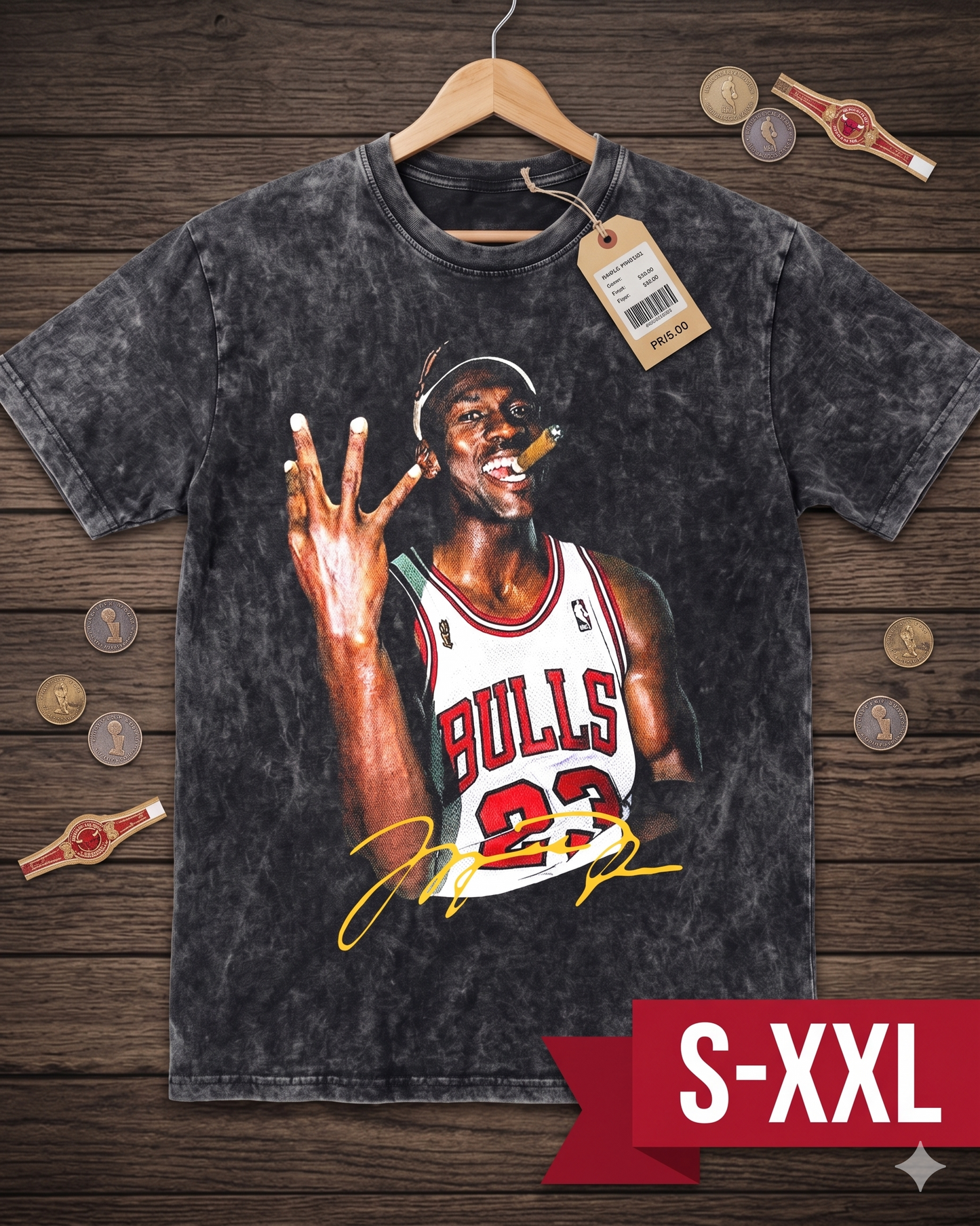 T-shirt with a graphic of a basketball player in a Bulls jersey on a wooden surface with coins.
