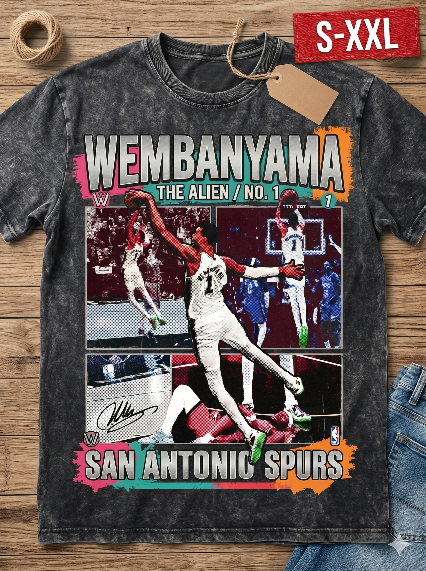WEMBANYAMA Jumbo Print Acid Washed Vintage 90s Style Heavyweight T-Shirt