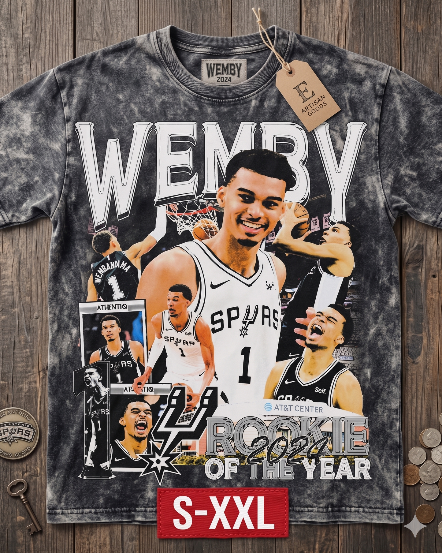 WEMBY ROY Jumbo Print Acid Washed Vintage 90s Style Heavyweight T Shirt