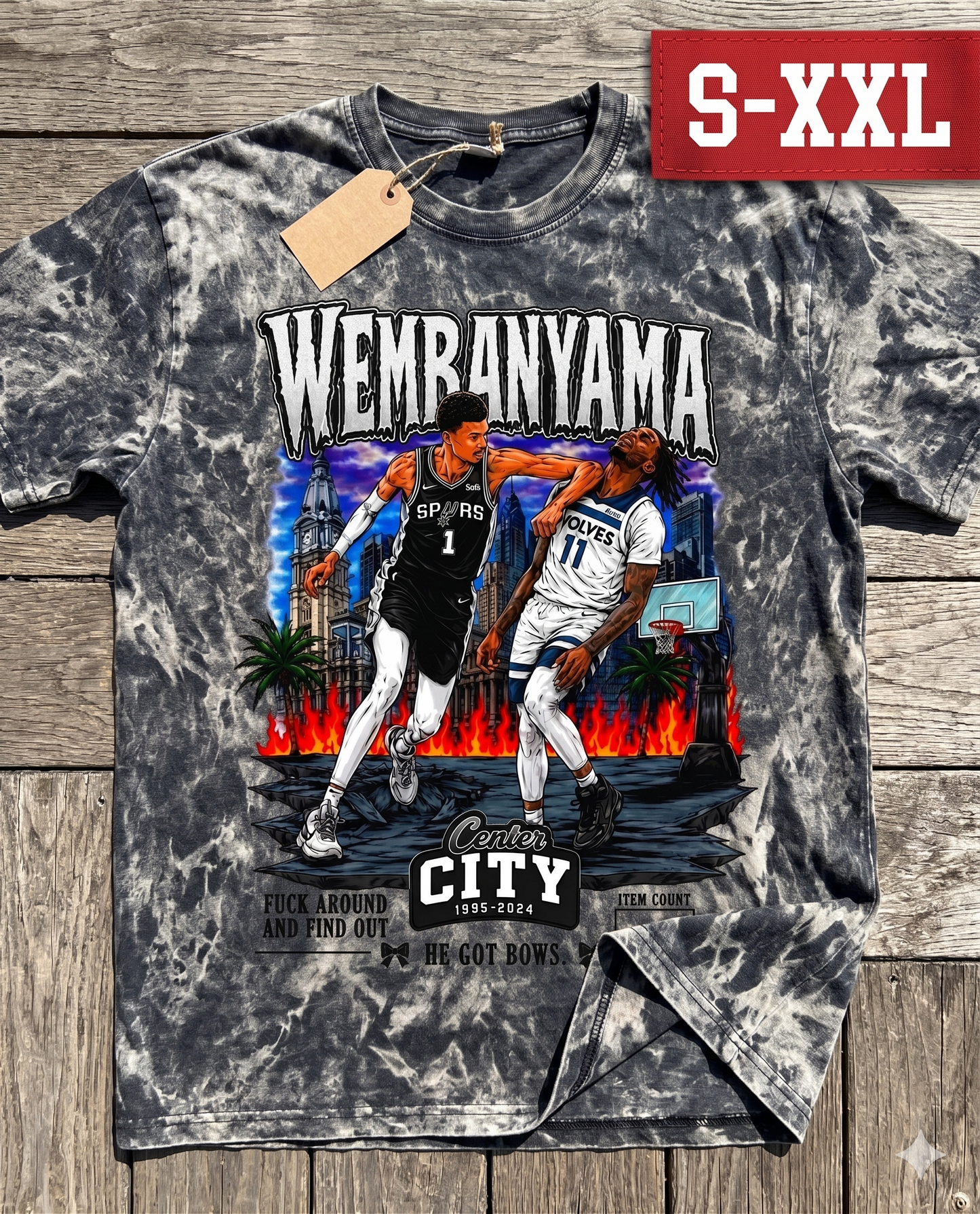 WEMBY FAF Jumbo Print Acid Washed Vintage 90s Style Heavyweight T Shirt