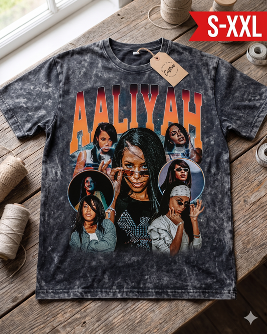 AALIYAH Jumbo Print Acid Washed Vintage 90s Style Heavyweight T-Shirt