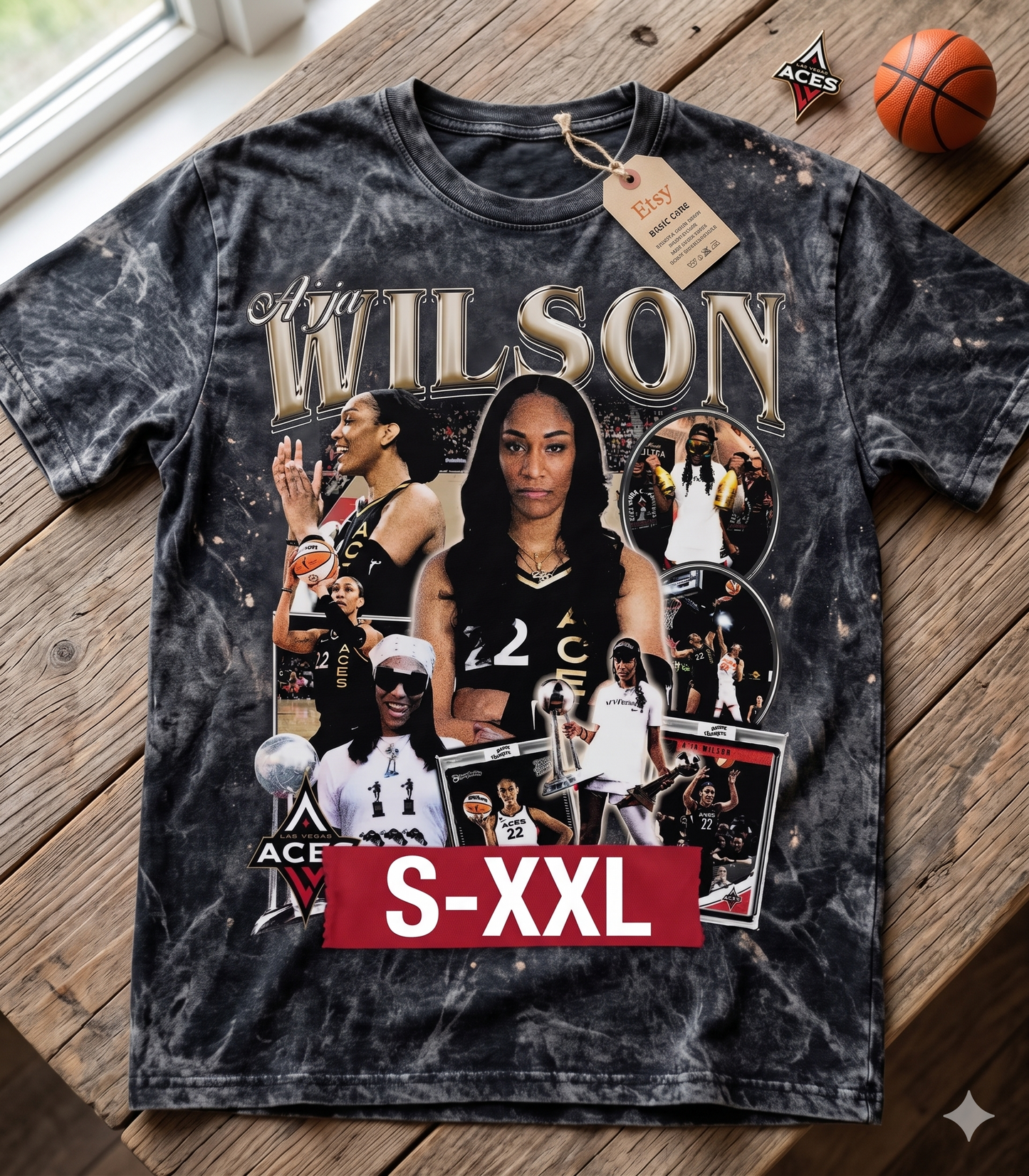 AJA WILSON Jumbo Print Acid Washed Vintage 90s Style Heavyweight T Shirt