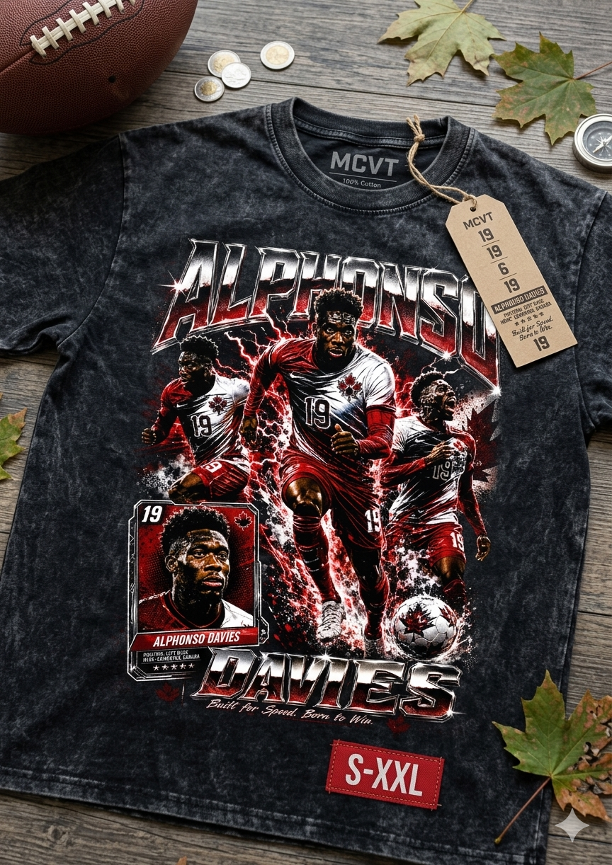 ALPHONSO DAVIES Jumbo Print Acid Washed Vintage 90s Style Heavyweight T-Shirt