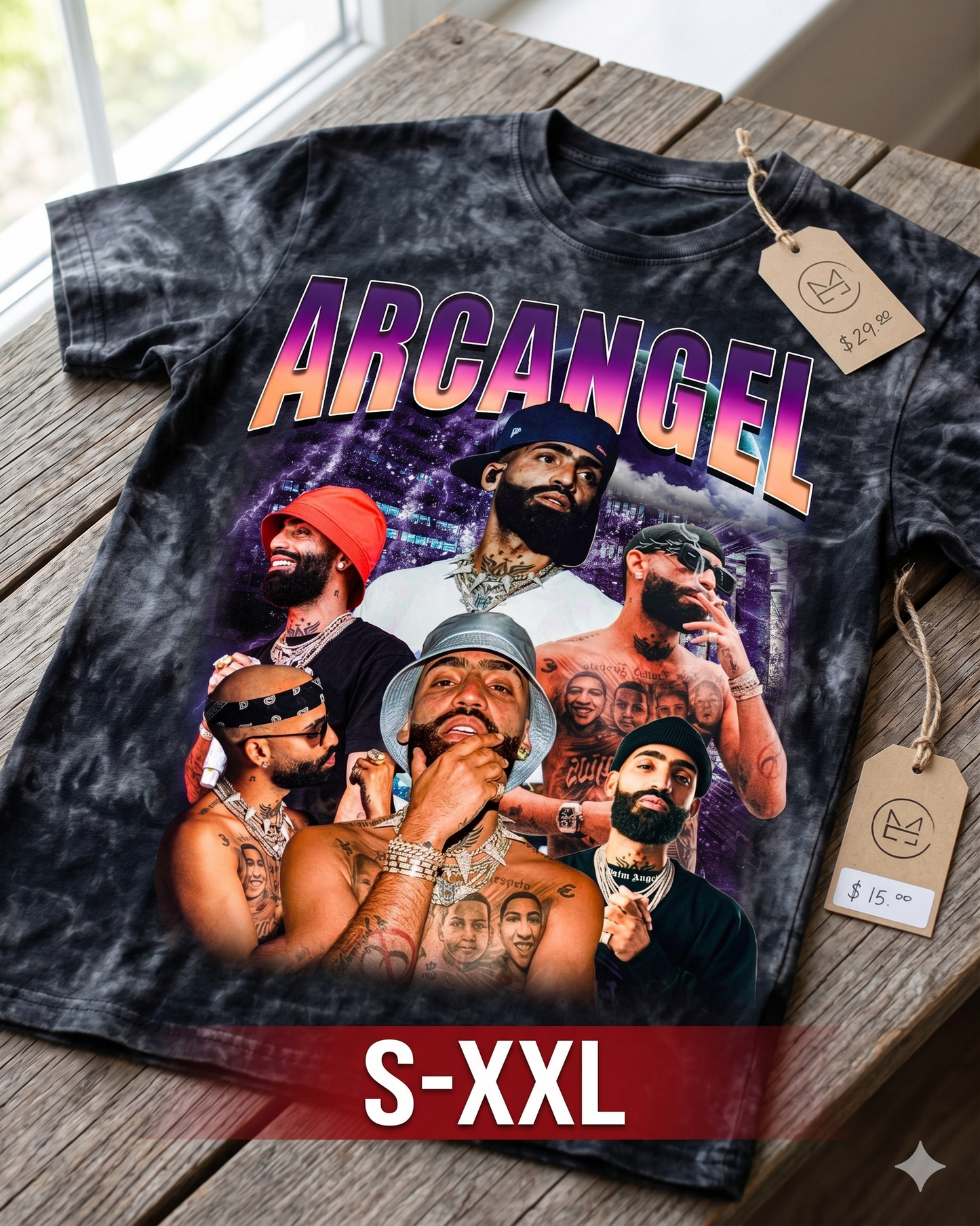 ARCANGEL Jumbo Print Acid Washed Vintage 90s Style Heavyweight T Shirt