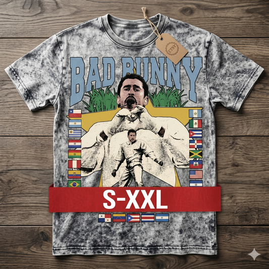 BAD BUNNY Jumbo Print Acid Washed Vintage 90s Style Heavyweight T Shirt