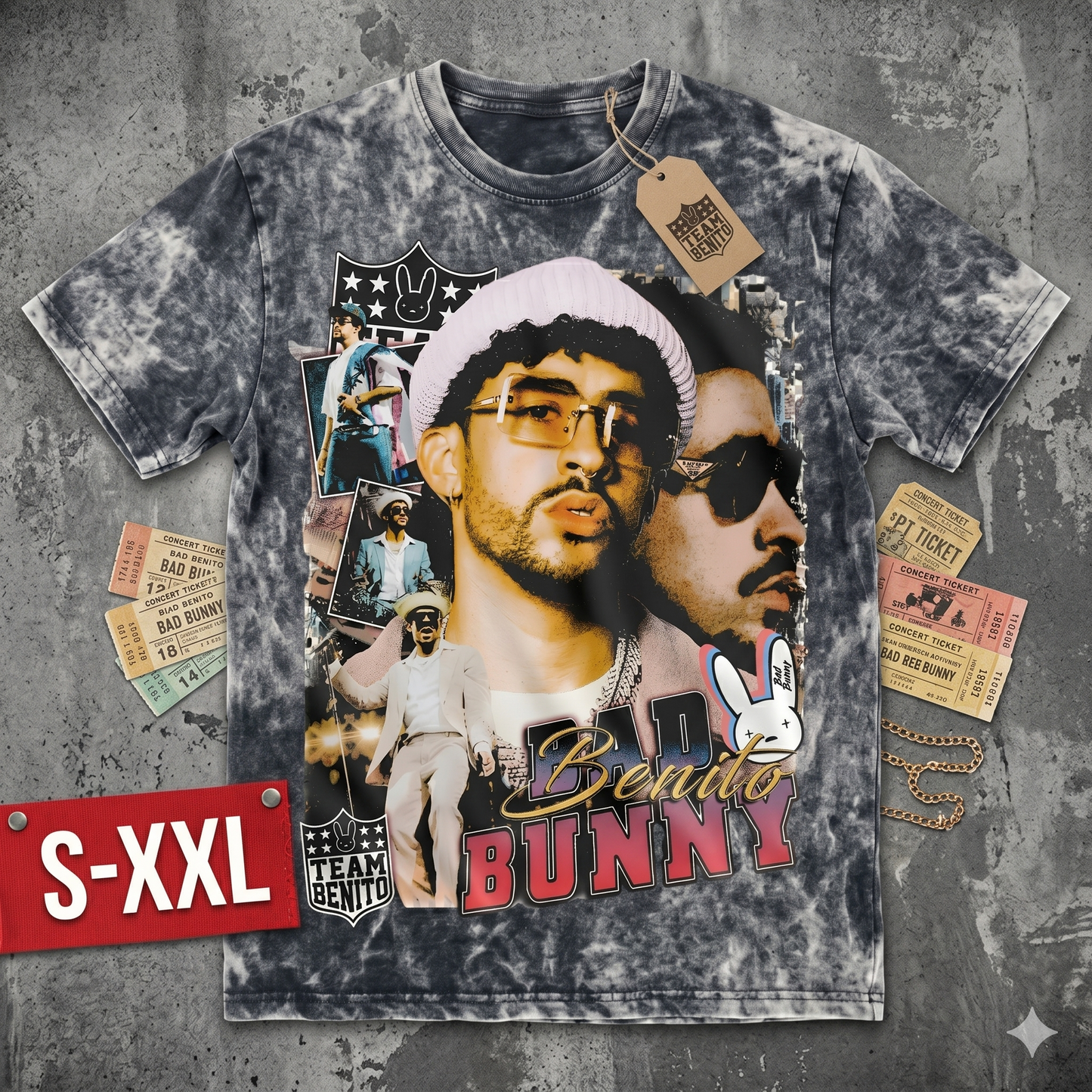 BAD BUNNY Jumbo Print Acid Washed Vintage 90s Style Heavyweight T Shirt