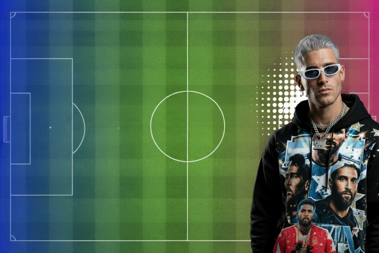 Person wearing a hoodie with images on a colorful football field background with 'World Cup 2026' text.