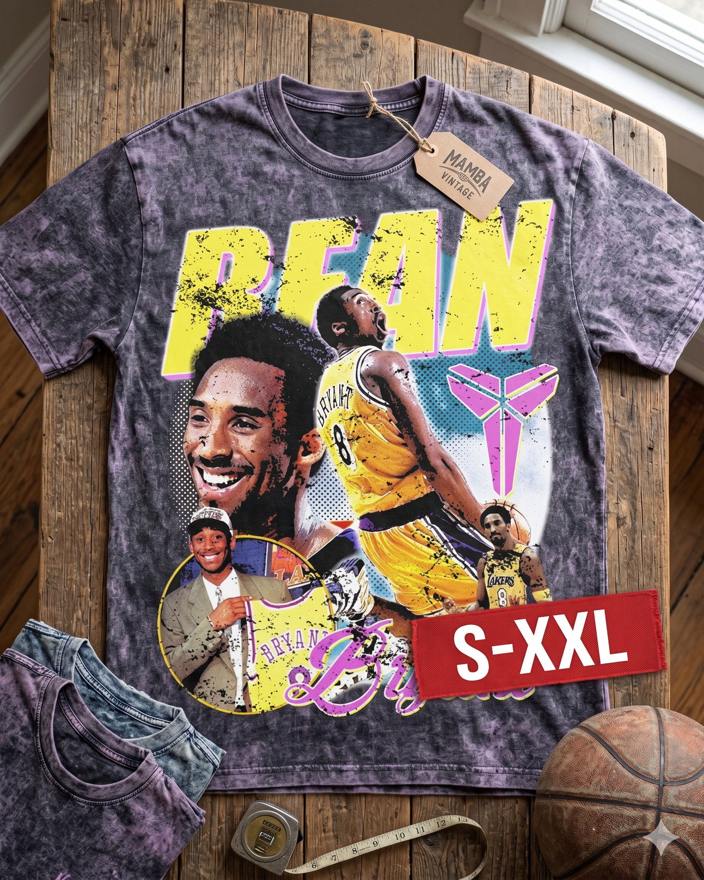 KOBE BEAN Jumbo Print Acid Washed Vintage 90s Style Heavyweight T Shirt