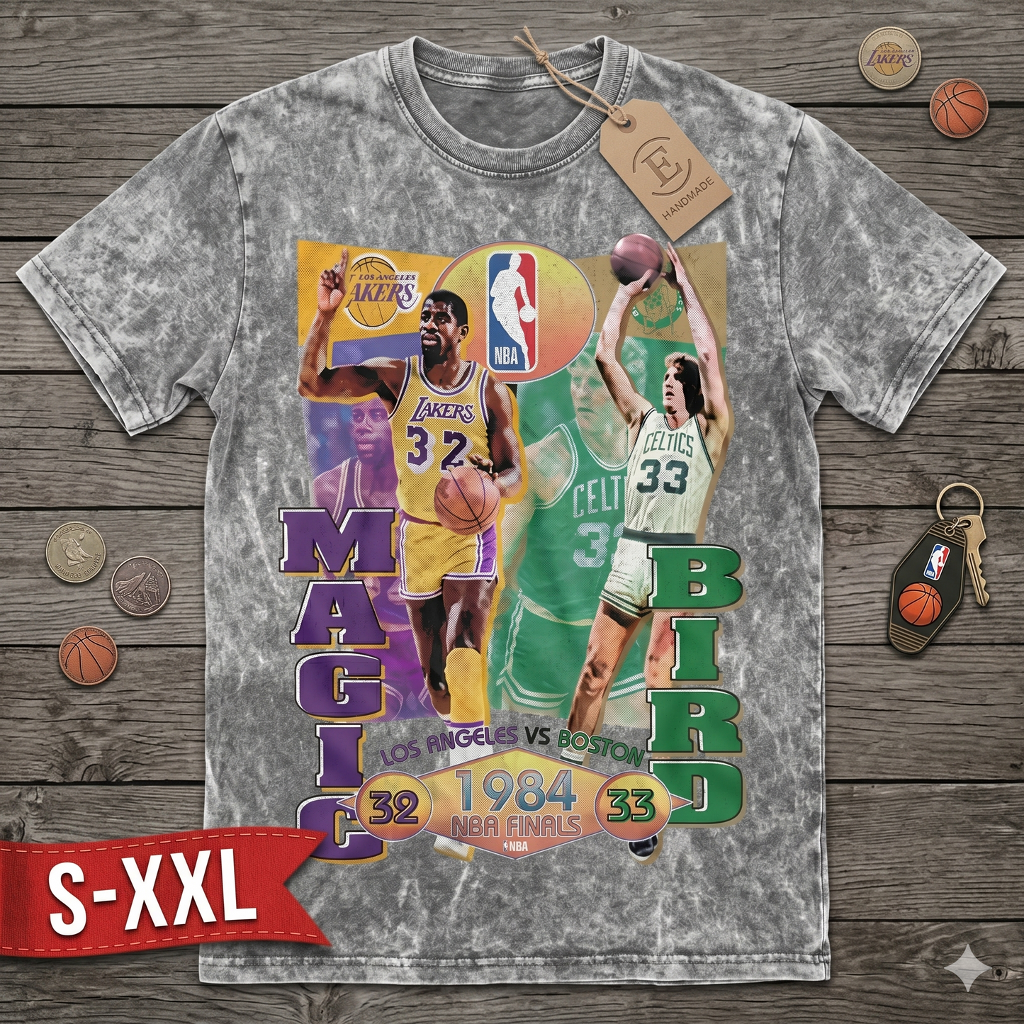 MAGIC VS BIRD Jumbo Print Acid Washed Vintage 90s Style Heavyweight T Shirt