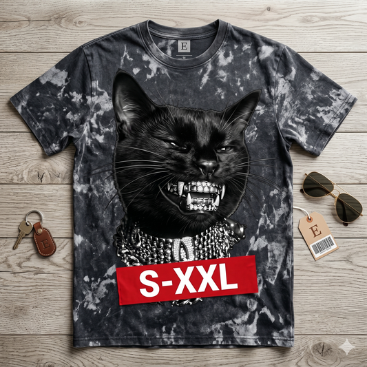BLACK CAT WITH GRILL Jumbo Print Acid Washed Vintage 90s Style Heavyweight T Shirt