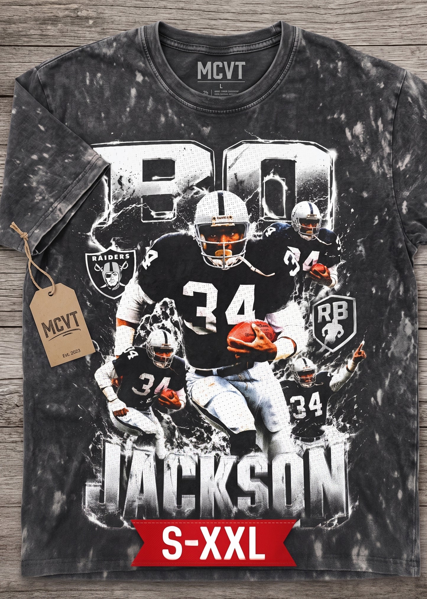 BO JACKSON Jumbo Print Acid Washed Vintage 90s Style Heavyweight T-Shirt