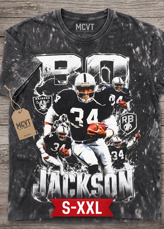BO JACKSON Jumbo Print Acid Washed Vintage 90s Style Heavyweight T-Shirt