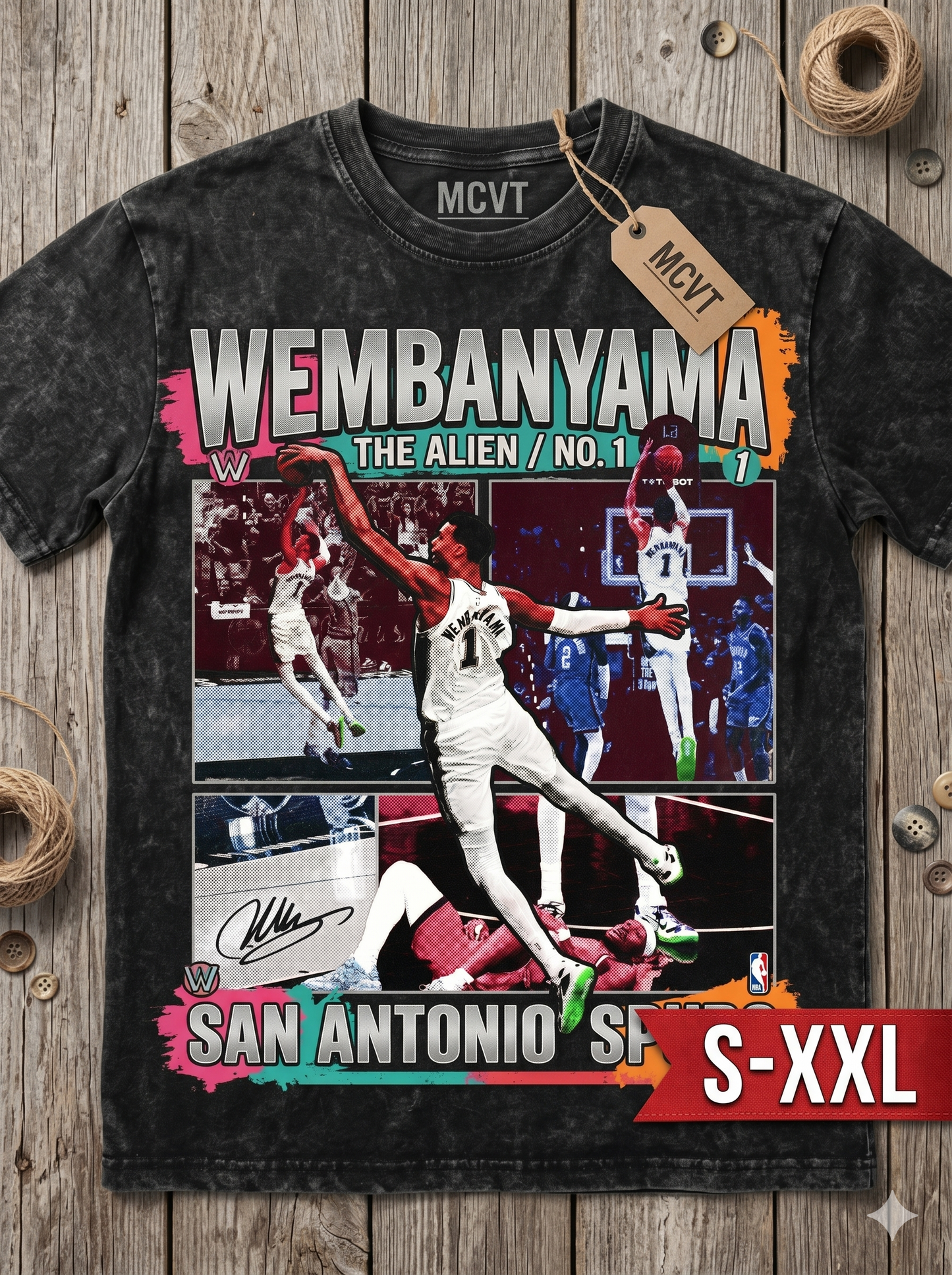 WEMBANYAMA Jumbo Print Acid Washed Vintage 90s Style Heavyweight T-Shirt