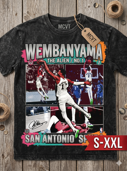 WEMBANYAMA Jumbo Print Acid Washed Vintage 90s Style Heavyweight T-Shirt