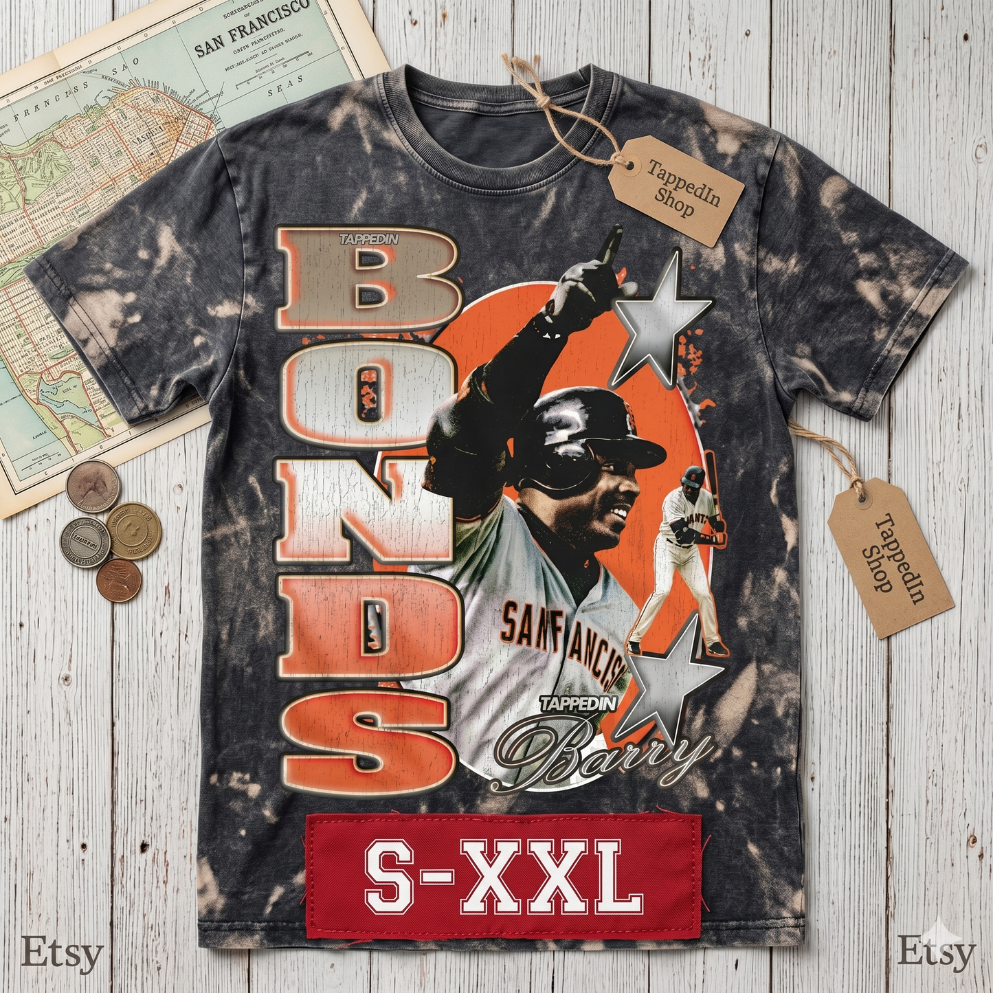 BARRY BONDS Jumbo Print Acid Washed Vintage 90s Style Heavyweight T Shirt