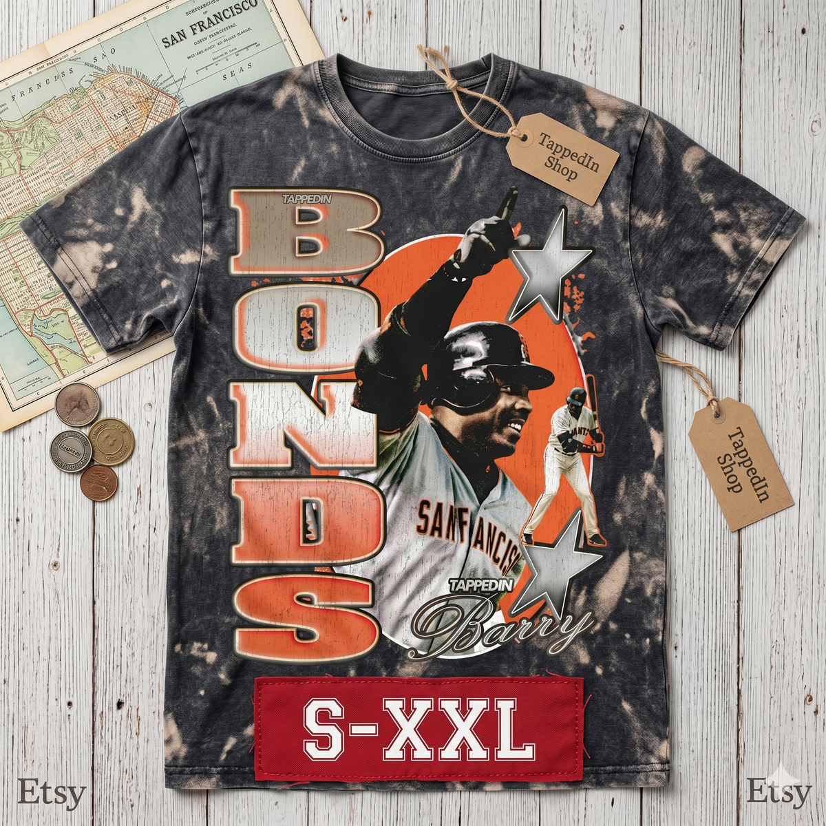 BARRY BONDS Jumbo Print Acid Washed Vintage 90s Style Heavyweight T Shirt