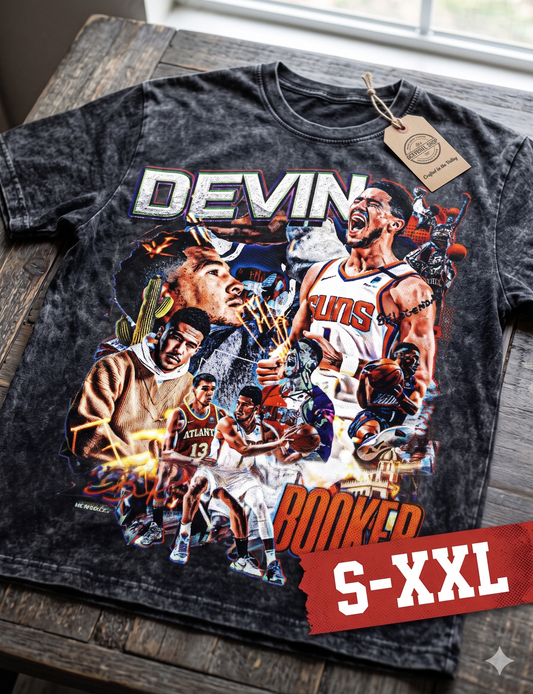 DEVIN BOOKER Jumbo Print Acid Washed Vintage 90s Style Heavyweight T Shirt
