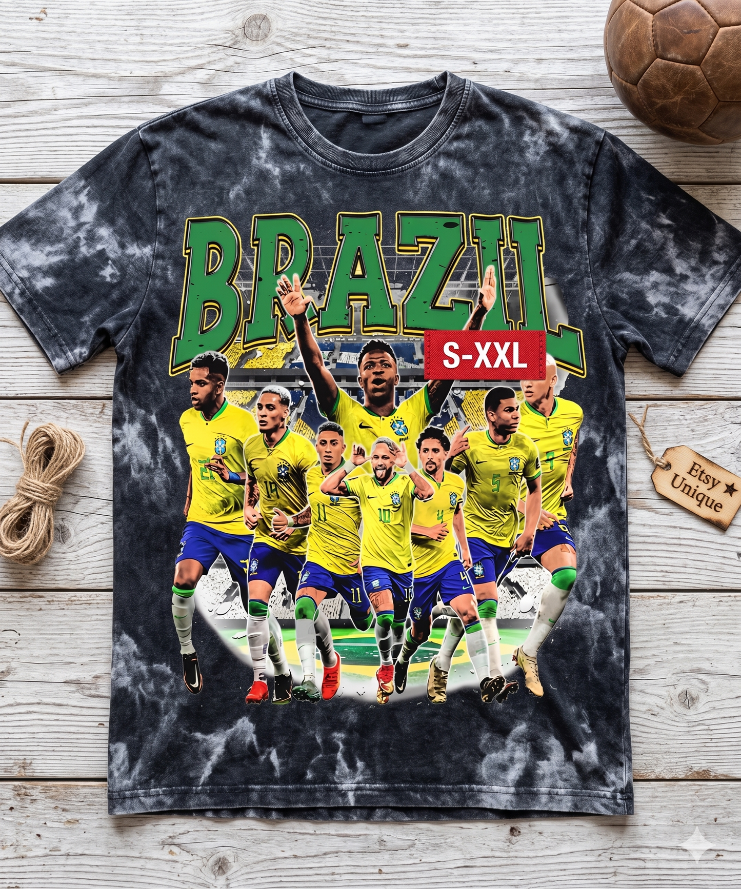 BRAZIL SOCCER Jumbo Print Acid Washed Vintage 90s Style Heavyweight T-Shirt