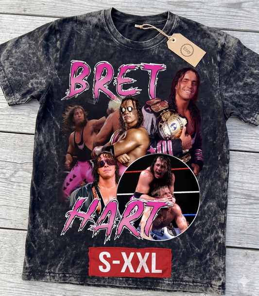 BRET HART Jumbo Print Acid Washed Vintage 90s Style Heavyweight T-Shirt