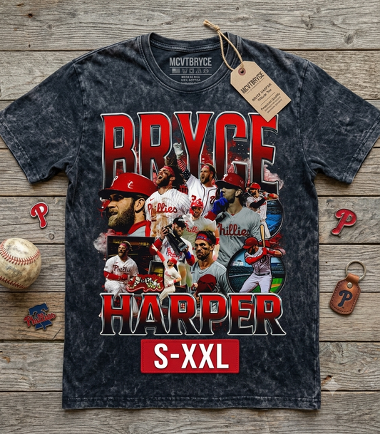 BRYCE HARPER Jumbo Print Acid Washed Vintage 90s Style Heavyweight T-Shirt
