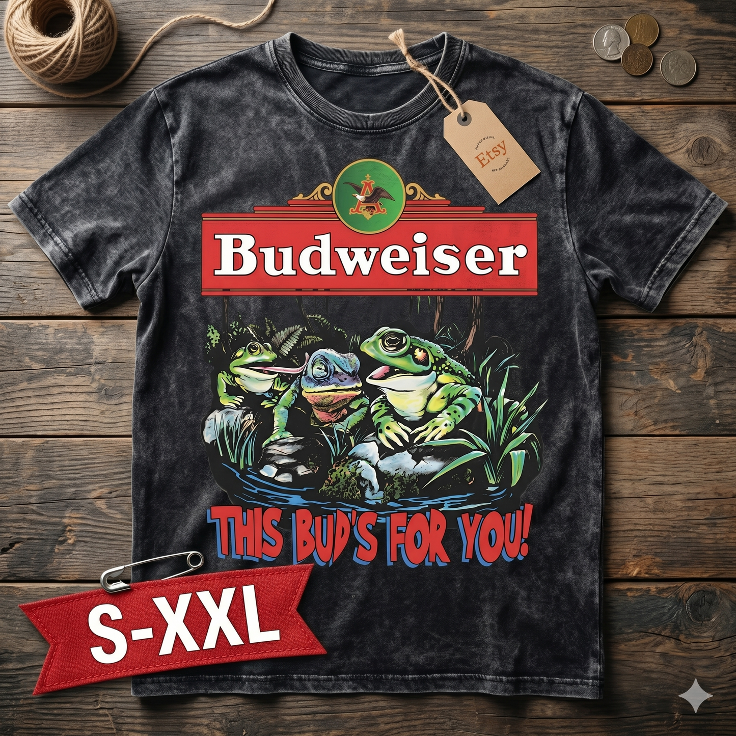 BUD WEI SER FROGS Jumbo Print Acid Washed Vintage 90s Style Heavyweight T Shirt