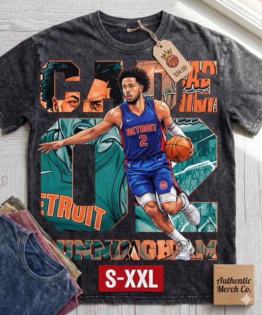 CADE CUNNIGHAM Jumbo Print Acid Washed Vintage 90s Style Heavyweight T Shirt
