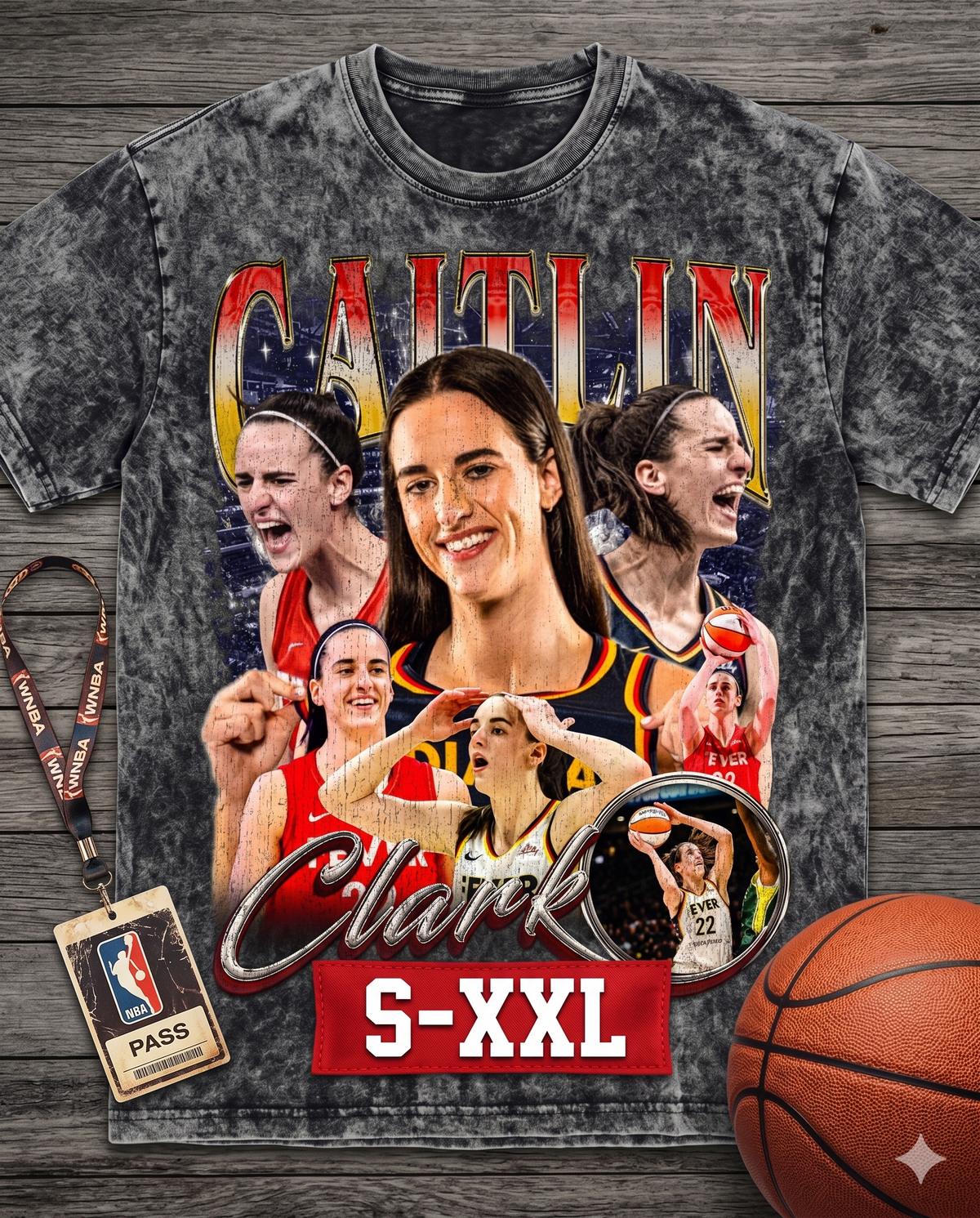 CAITLIN CLARK Jumbo Print Acid Washed Vintage 90s Style Heavyweight T-Shirt