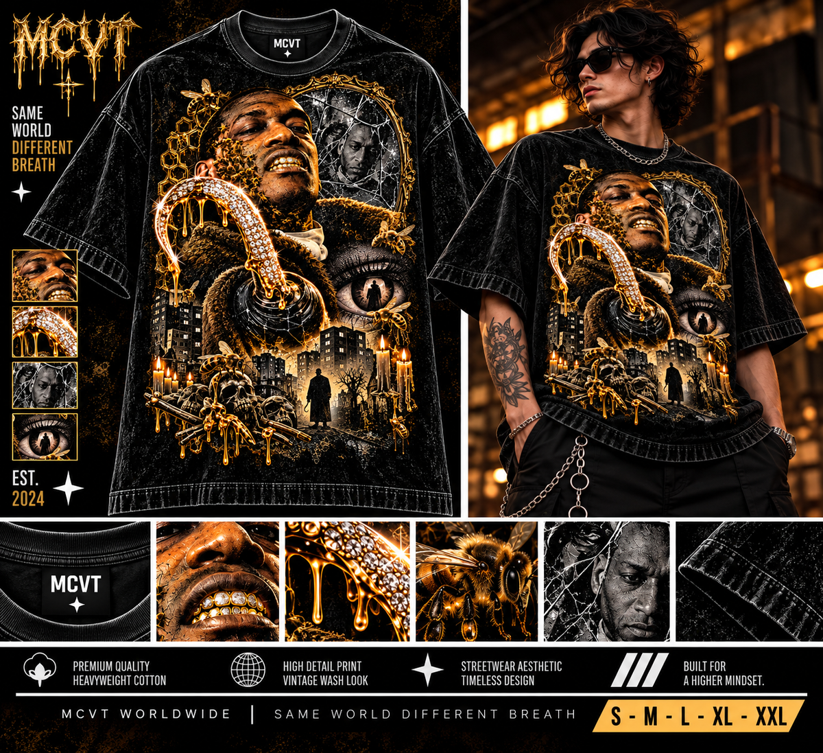 CANDYMAN ICONIC SERIES Jumbo Print Acid Washed Vintage 90s Style Heavyweight T-Shirt