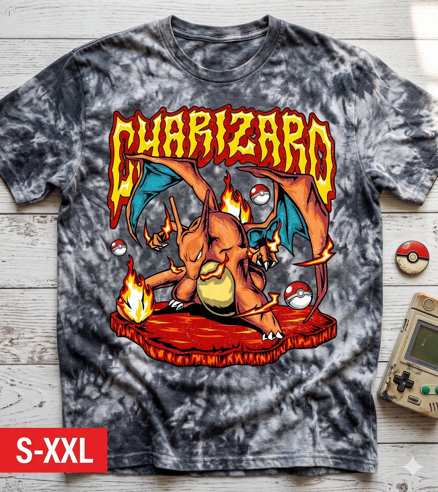 CHARIZARD Jumbo Print Acid Washed Vintage 90s Style Heavyweight T-Shirt