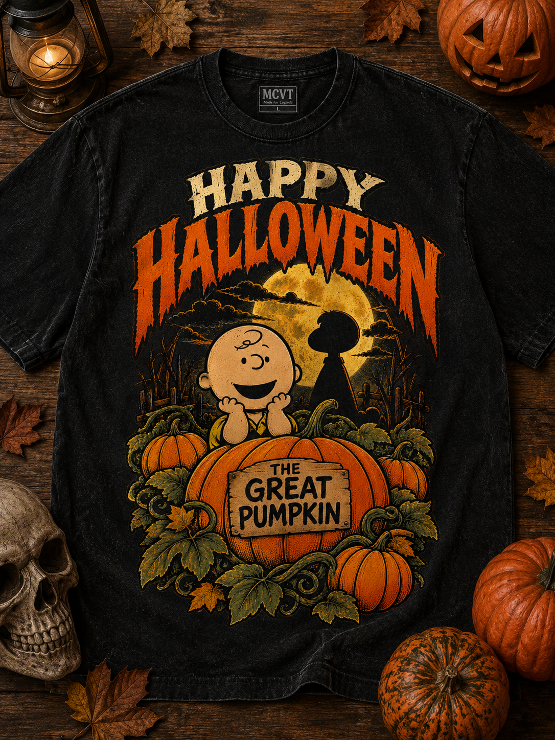 HAPPY HALLOWEEN ICONIC SERIES Jumbo Print Acid Washed Vintage 90s Style Heavyweight T-Shirt