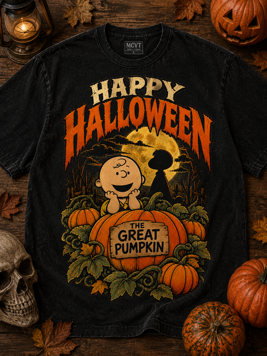 HAPPY HALLOWEEN ICONIC SERIES Jumbo Print Acid Washed Vintage 90s Style Heavyweight T-Shirt