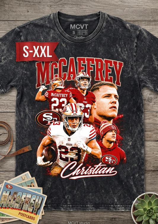 CHRISTIAN MCCAFFERY Jumbo Print Acid Washed Vintage 90s Style Heavyweight T-Shirt