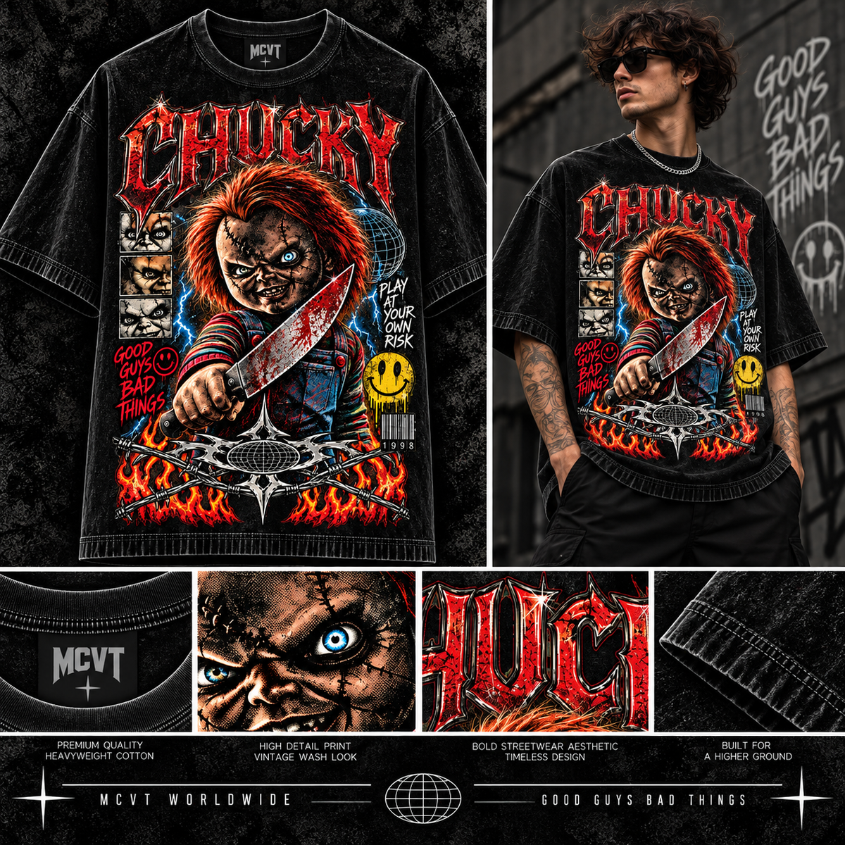 CHUCKY ICONIC SERIES Jumbo Print Acid Washed Vintage 90s Style Heavyweight T-Shirt