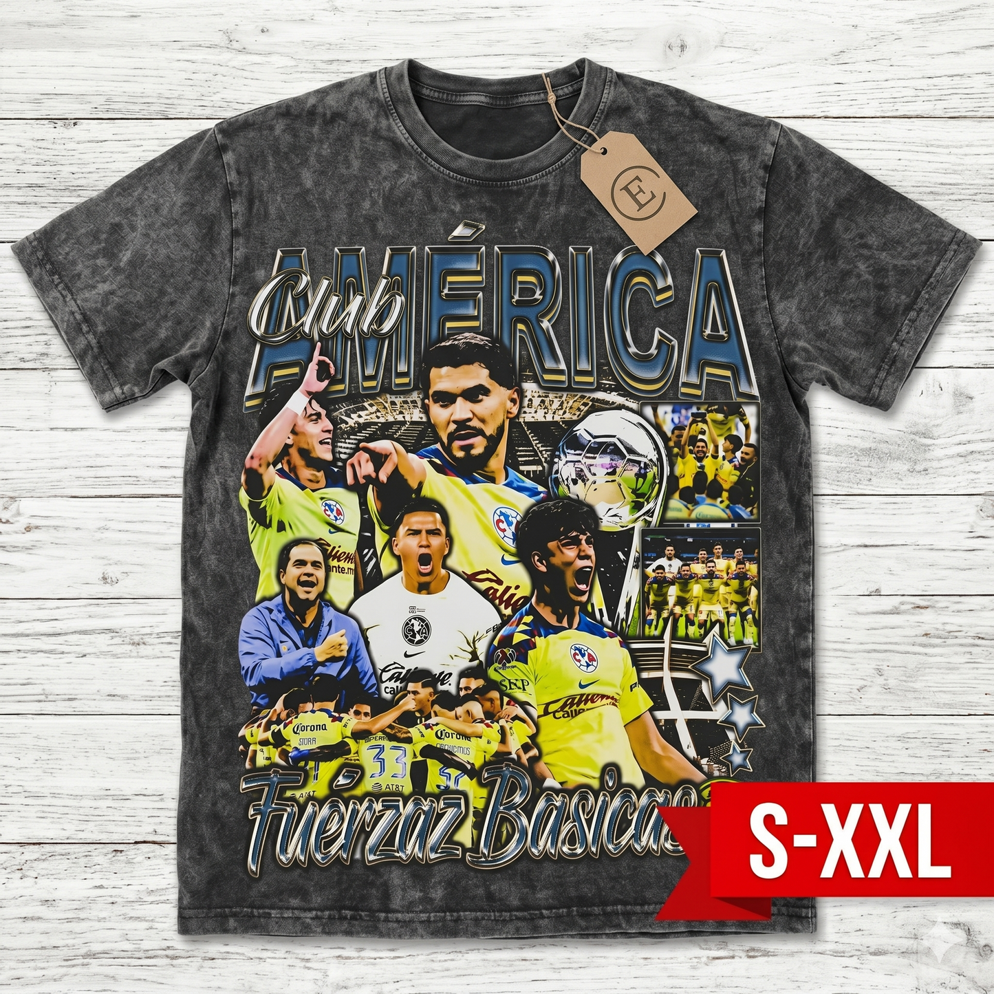 CLUB AMERICA Jumbo Print Acid Washed Vintage 90s Style Heavyweight T Shirt