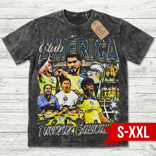CLUB AMERICA Jumbo Print Acid Washed Vintage 90s Style Heavyweight T Shirt