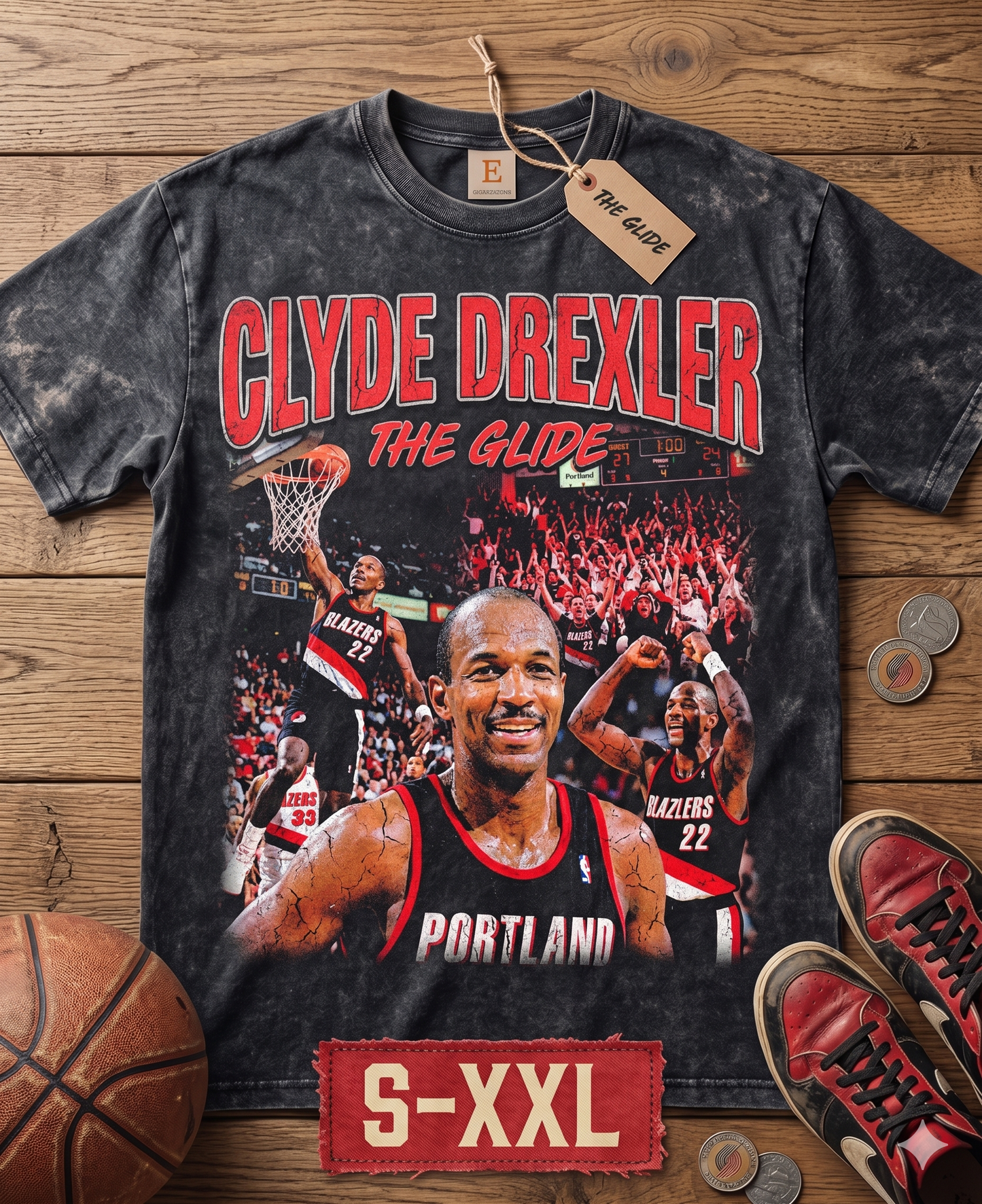 CLYDE DREXLER Jumbo Print Acid Washed Vintage 90s Style Heavyweight T Shirt