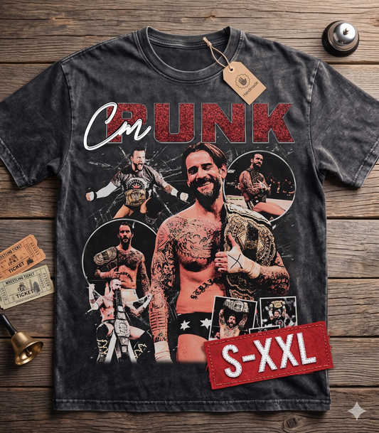 CM PUNK Jumbo Print Acid Washed Vintage 90s Style Heavyweight T-Shirt