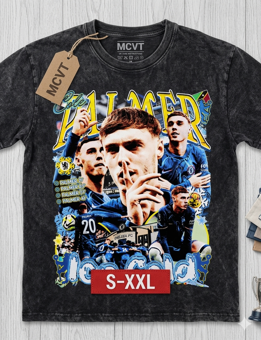 COLE PALMER Jumbo Print Acid Washed Vintage 90s Style Heavyweight T-Shirt