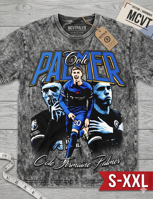COLE PALMER Jumbo Print Acid Washed Vintage 90s Style Heavyweight T-Shirt