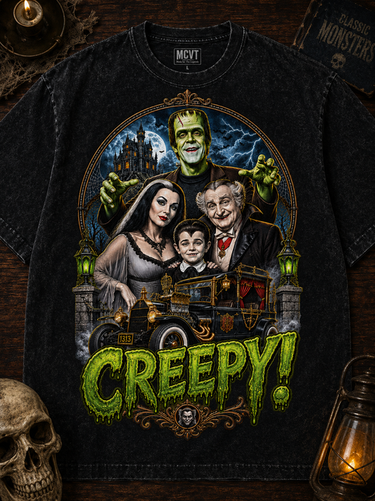 ADAMS FAMILY ICONIC SERIES Jumbo Print Acid Washed Vintage 90s Style Heavyweight T-Shirt