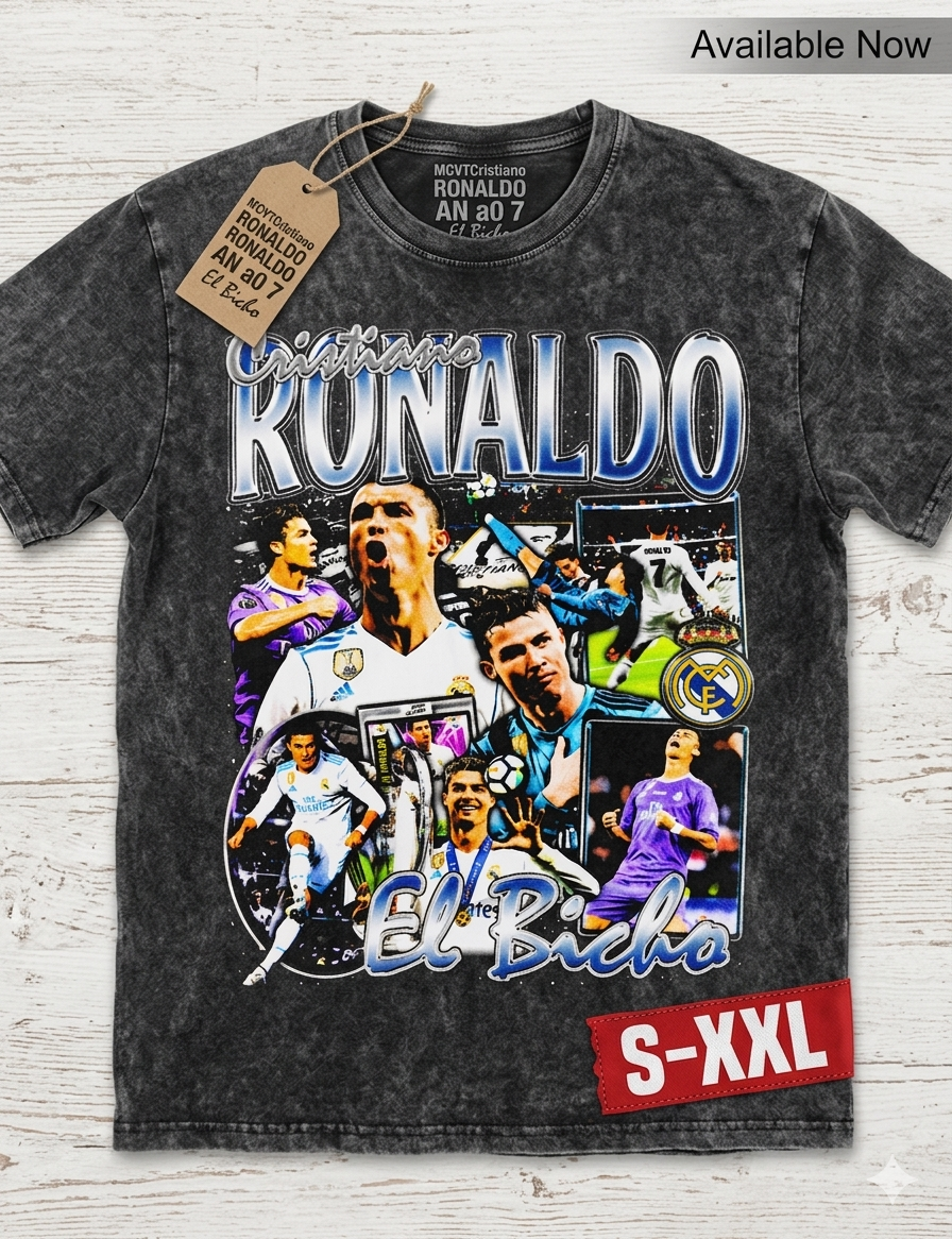 CRISTIANO RONALDO Jumbo Print Acid Washed Vintage 90s Style Heavyweight T-Shirt