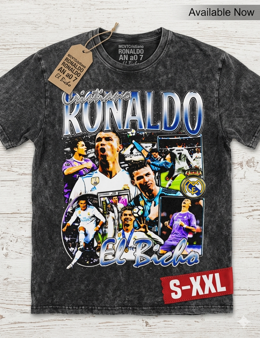 CRISTIANO RONALDO Jumbo Print Acid Washed Vintage 90s Style Heavyweight T-Shirt
