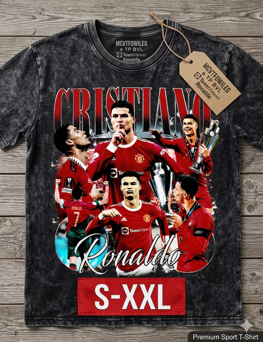 CRISTIANO RONALDO Jumbo Print Acid Washed Vintage 90s Style Heavyweight T-Shirt