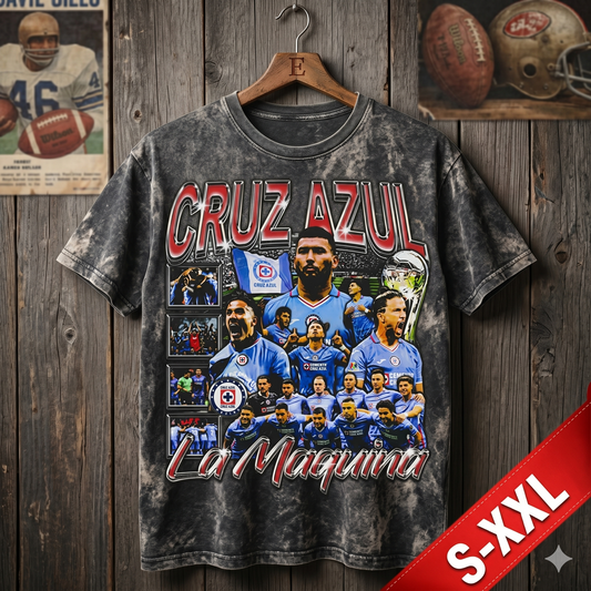 CRUZ AZUL Jumbo Print Acid Washed Vintage 90s Style Heavyweight T Shirt