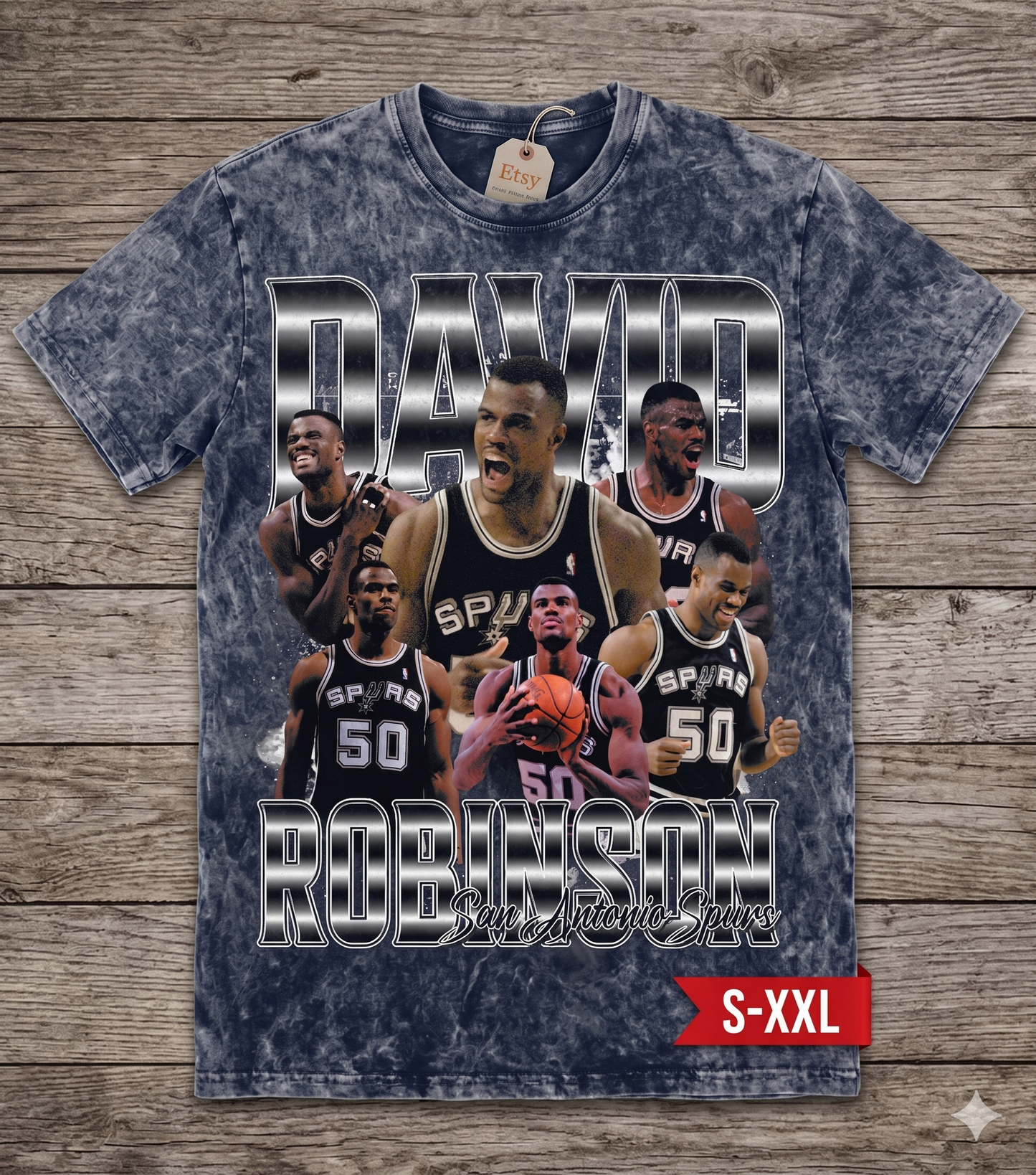 DAVID ROBINSON Jumbo Print Acid Washed Vintage 90s Style Heavyweight T-Shirt