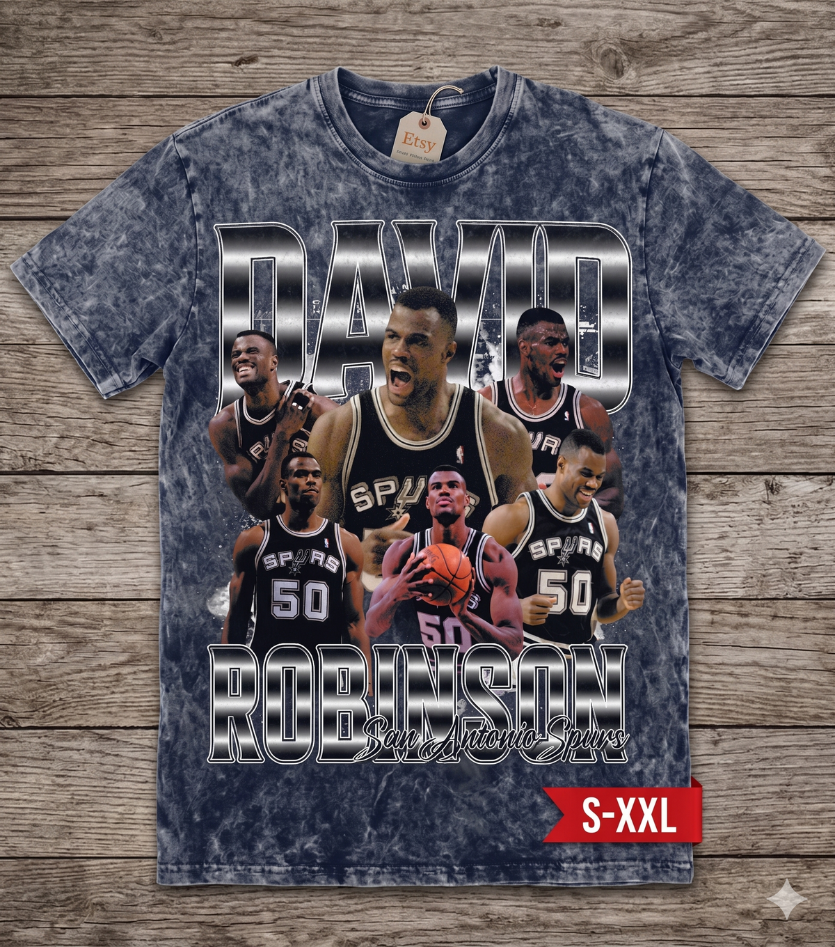 DAVID ROBINSON Jumbo Print Acid Washed Vintage 90s Style Heavyweight T-Shirt