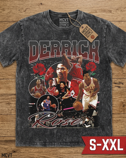 DERRICK ROSE Jumbo Print Acid Washed Vintage 90s Style Heavyweight T-Shirt