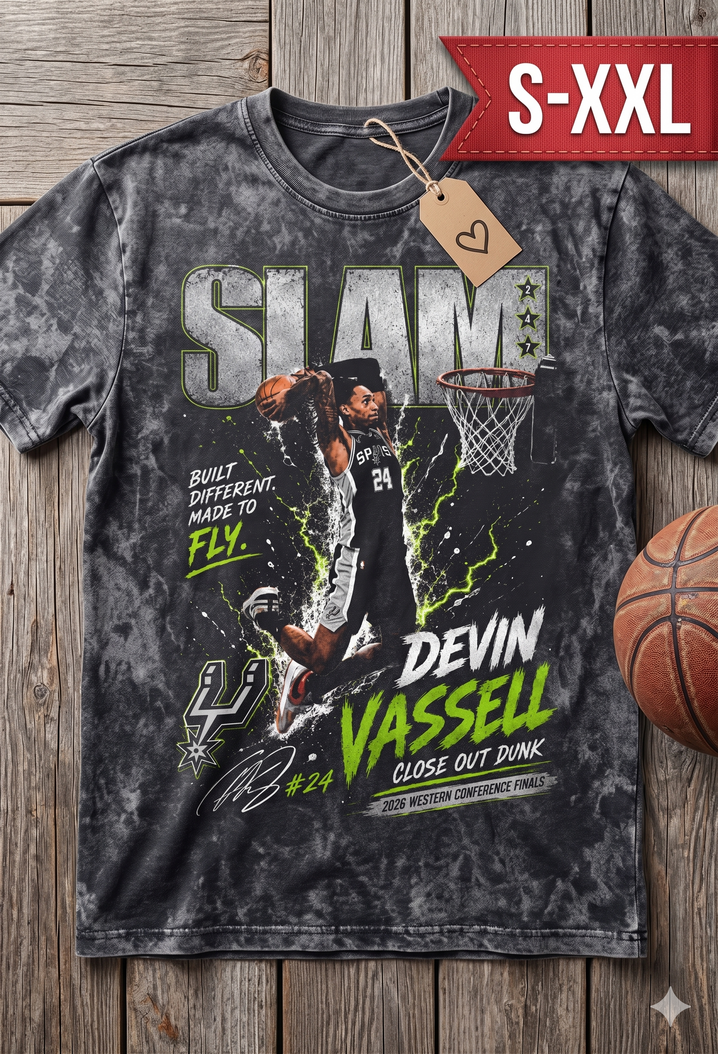 DEVIN VASSELL Jumbo Print Acid Washed Vintage 90s Style Heavyweight T-Shirt